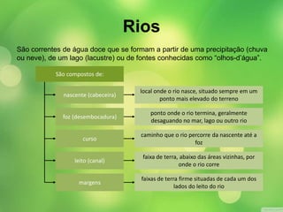 São correntes de água doce que se formam a partir de uma precipitação (chuva 
ou neve), de um lago (lacustre) ou de fontes conhecidas como “olhos-d’água”. 
nascente (cabeceira) 
foz (desembocadura) 
curso 
leito (canal) 
local onde o rio nasce, situado sempre em um 
ponto mais elevado do terreno 
ponto onde o rio termina, geralmente 
desaguando no mar, lago ou outro rio 
caminho que o rio percorre da nascente até a 
foz 
faixa de terra, abaixo das áreas vizinhas, por 
onde o rio corre 
margens 
faixas de terra firme situadas de cada um dos 
lados do leito do rio 
São compostos de: 
Rios 
 