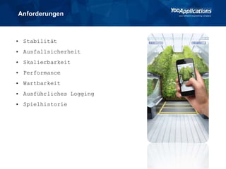 Anforderungen
• Stabilität
• Ausfallsicherheit
• Skalierbarkeit
• Performance
• Wartbarkeit
• Ausführliches Logging
• Spielhistorie
 