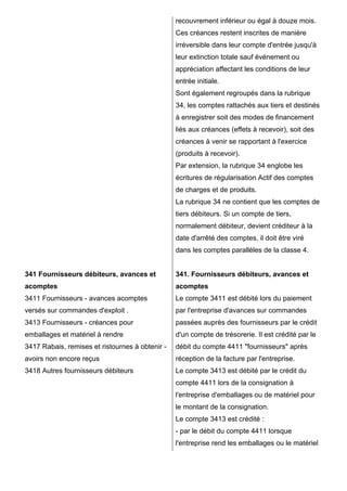 recouvrement inférieur ou égal à douze mois.
                                                 Ces créances restent inscrites de manière
                                                 irréversible dans leur compte d'entrée jusqu'à
                                                 leur extinction totale sauf événement ou
                                                 appréciation affectant les conditions de leur
                                                 entrée initiale.
                                                 Sont également regroupés dans la rubrique
                                                 34, les comptes rattachés aux tiers et destinés
                                                 à enregistrer soit des modes de financement
                                                 liés aux créances (effets à recevoir), soit des
                                                 créances à venir se rapportant à l'exercice
                                                 (produits à recevoir).
                                                 Par extension, la rubrique 34 englobe les
                                                 écritures de régularisation Actif des comptes
                                                 de charges et de produits.
                                                 La rubrique 34 ne contient que les comptes de
                                                 tiers débiteurs. Si un compte de tiers,
                                                 normalement débiteur, devient créditeur à la
                                                 date d'arrêté des comptes, il doit être viré
                                                 dans les comptes parallèles de la classe 4.


341 Fournisseurs débiteurs, avances et           341. Fournisseurs débiteurs, avances et
acomptes                                         acomptes
3411 Fournisseurs - avances acomptes             Le compte 3411 est débité lors du paiement
versés sur commandes d'exploit .                 par l'entreprise d'avances sur commandes
3413 Fournisseurs - créances pour                passées auprès des fournisseurs par le crédit
emballages et matériel à rendre                  d'un compte de trésorerie. Il est crédité par le
3417 Rabais, remises et ristournes à obtenir -   débit du compte 4411 "fournisseurs" après
avoirs non encore reçus                          réception de la facture par l'entreprise.
3418 Autres fournisseurs débiteurs               Le compte 3413 est débité par le crédit du
                                                 compte 4411 lors de la consignation à
                                                 l'entreprise d'emballages ou de matériel pour
                                                 le montant de la consignation.
                                                 Le compte 3413 est crédité :
                                                 - par le débit du compte 4411 lorsque
                                                 l'entreprise rend les emballages ou le matériel
 