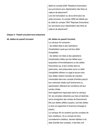 débit du compte 6394 "Dotations financières 
aux provisions pour dépréciation des titres et 
valeurs de placement". 
Lors de l'annulation ou de la diminution de 
cette provision, le compte 3950 est débité par 
le crédit du compte 7394 "Reprises financières 
sur provisions pour dépréciation des titres et 
valeurs de placement". 
Classe 4 : Passif circulant hors trésorerie 
44. dettes du passif circulant 44. dettes du passif circulant 
La rubrique 44 comporte : 
- les dettes liées à des opérations 
d'exploitation quel que soit leur délai 
d'exigibilité ; 
- les dettes non liées à des opérations 
d'exploitation telles que les dettes pour 
acquisition d'immobilisations ou les dettes 
financières qui, à leur entrée dans le 
patrimoine, sont présumées avoir un délai 
d'exigibilité inférieur ou égal à douze mois. 
Ces dettes restent inscrites de manière 
irréversible dans leur compte d'entrée jusqu'à 
leur extinction totale sauf événement ou 
appréciation affectant les conditions de leur 
entrée initiale. 
Sont également regroupés dans la rubrique 
44, les comptes rattachés aux tiers et destinés 
soit à enregistrer des modes de financement 
liés aux dettes (effets à payer), soit des dettes 
à venir se rapportant à l'exercice (charges à 
payer). 
La rubrique 44 ne contient que les comptes de 
tiers créditeurs. Si un compte de tiers, 
normalement créditeur, devient débiteur à la 
date d'arrêté des comptes, il doit être viré 
 
