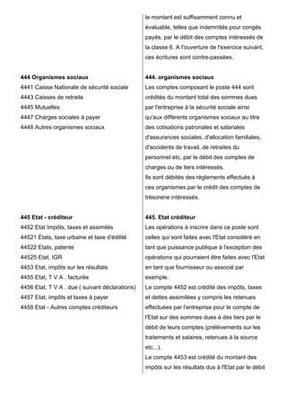 444 Organismes sociaux 
4441 Caisse Nationale de sécurité sociale 
4443 Caisses de retraite 
4445 Mutuelles 
4447 Charges sociales à payer 
4448 Autres organismes sociaux 
445 Etat - créditeur 
4452 Etat Impôts, taxes et assimilés 
44521 Etats, taxe urbaine et taxe d'édilité 
44522 Etats, patente 
44525 Etat, IGR 
4453 Etat, impôts sur les résultats 
4455 Etat, T V A . facturée 
4456 Etat, T V A . due ( suivant déclarations) 
4457 Etat, impôts et taxes à payer 
4458 Etat - Autres comptes créditeurs 
le montant est suffisamment connu et 
évaluable, telles que indemnités pour congés 
payés, par le débit des comptes intéressés de 
la classe 6. A l'ouverture de l'exercice suivant, 
ces écritures sont contre-passées. 
444. organismes sociaux 
Les comptes composant le poste 444 sont 
crédités du montant total des sommes dues 
par l'entreprise à la sécurité sociale ainsi 
qu'aux différents organismes sociaux au titre 
des cotisations patronales et salariales 
d'assurances sociales, d'allocation familiales, 
d'accidents de travail, de retraites du 
personnel etc, par le débit des comptes de 
charges ou de tiers intéressés. 
Ils sont débités des règlements effectués à 
ces organismes par le crédit des comptes de 
trésorerie intéressés. 
445. Etat créditeur 
Les opérations à inscrire dans ce poste sont 
celles qui sont faites avec l'Etat considéré en 
tant que puissance publique à l'exception des 
opérations qui pourraient être faites avec l'Etat 
en tant que fournisseur ou associé par 
exemple. 
Le compte 4452 est crédité des impôts, taxes 
et dettes assimilées y compris les retenues 
effectuées par l'entreprise pour le compte de 
l'Etat sur des sommes dues à des tiers par le 
débit de leurs comptes (prélèvements sur les 
traitements et salaires, retenues à la source 
etc...). 
Le compte 4453 est crédité du montant des 
impôts sur les résultats dus à l'Etat par le débit 
 