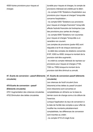 4508 Autres provisions pour risques et 
charges 
durable pour risques et charges, le compte de 
provisions intéressé est crédité par le débit : 
- du compte 6195 "Dotations d'exploitation aux 
provisions pour risques et charges" lorsqu'elle 
concerne l'exploitation ; 
- du compte 6393 "Dotations aux provisions 
pour risques et charges financiers" lorsqu'elle 
affecte l'activité financière de l'entreprise (cas 
des provisions pour pertes de change) ; 
- du compte 6595 "Dotations non courantes 
pour risques et charges "lorsqu'elle a un 
caractère non courant. 
Les comptes de provisions (poste 450) sont 
réajustés à la fin de chaque exercice par : 
- le débit des comptes de dotations concernés 
6197, 6393 ou 6595, lorsque le montant de la 
provision doit être augmenté ; 
- le crédit du compte intéressé de reprises sur 
provisions pour risques et charges (7195, 
7393 ou 7595) lorsque le montant de la 
provision doit être diminué ou annulé. 
47. Ecarts de conversion - passif (Eléments 
circulants) 
470 Ecarts de conversion - passif 
(Eléments circulants) 
4701 Augmentation des créances circulantes 
4702 Diminution des dettes circulantes 
47. Ecarts de conversion passif (éléments 
circulants) 
Les créances de l'actif circulant (hors 
trésorerie) et les dettes du passif circulant 
(hors trésorerie) sont converties et 
comptabilisées en dirhams sur la base du 
dernier cours de change connu à la clôture de 
l'exercice. 
Lorsque l'application du taux de conversion à 
la date de l'arrêté des comptes a pour effet de 
modifier les montants précédemment 
comptabilisés, les différences de conversion 
sont inscrites au crédit : 
- du compte 4710 s'il s'agit d'une 
 