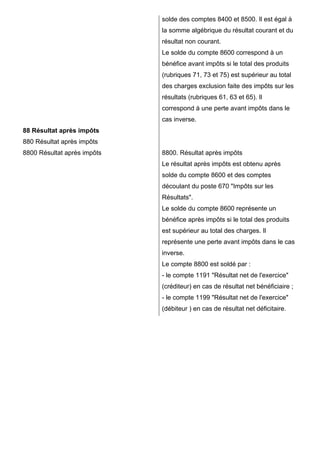88 Résultat après impôts 
880 Résultat après impôts 
8800 Résultat après impôts 
solde des comptes 8400 et 8500. Il est égal à 
la somme algébrique du résultat courant et du 
résultat non courant. 
Le solde du compte 8600 correspond à un 
bénéfice avant impôts si le total des produits 
(rubriques 71, 73 et 75) est supérieur au total 
des charges exclusion faite des impôts sur les 
résultats (rubriques 61, 63 et 65). Il 
correspond à une perte avant impôts dans le 
cas inverse. 
8800. Résultat après impôts 
Le résultat après impôts est obtenu après 
solde du compte 8600 et des comptes 
découlant du poste 670 "Impôts sur les 
Résultats". 
Le solde du compte 8600 représente un 
bénéfice après impôts si le total des produits 
est supérieur au total des charges. Il 
représente une perte avant impôts dans le cas 
inverse. 
Le compte 8800 est soldé par : 
- le compte 1191 "Résultat net de l'exercice" 
(créditeur) en cas de résultat net bénéficiaire ; 
- le compte 1199 "Résultat net de l'exercice" 
(débiteur ) en cas de résultat net déficitaire. 
 