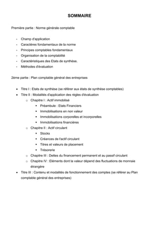 SOMMAIRE 
Première partie : Norme générale comptable 
- Champ d'application 
- Caractères fondamentaux de la norme 
- Principes comptables fondamentaux 
- Organisation de la comptabilité 
- Caractéristiques des Etats de synthèse. 
- Méthodes d'évaluation 
2ème partie : Plan comptable général des entreprises 
• Titre I : Etats de synthèse (se référer aux états de synthèse comptables) 
• Titre II : Modalités d'application des règles d'évaluation 
o Chapitre I : Actif immobilisé 
ƒ Préambule : Etats Financiers 
ƒ Immobilisations en non valeur 
ƒ Immobilisations corporelles et incorporelles 
ƒ Immobilisations financières 
o Chapitre II : Actif circulant 
ƒ Stocks 
ƒ Créances de l'actif circulant 
ƒ Titres et valeurs de placement 
ƒ Trésorerie 
o Chapitre III : Dettes du financement permanent et au passif circulant 
o Chapitre IV : Eléments dont la valeur dépend des fluctuations de monnaie 
étrangère 
• Titre III : Contenu et modalités de fonctionnement des comptes (se référer au Plan 
comptable général des entreprises) 
 