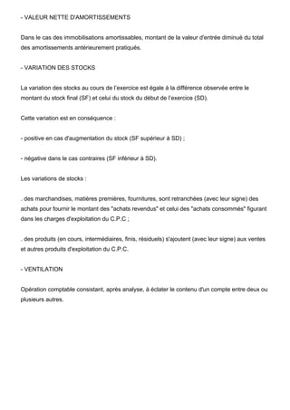 - VALEUR NETTE D'AMORTISSEMENTS 
Dans le cas des immobilisations amortissables, montant de la valeur d'entrée diminué du total 
des amortissements antérieurement pratiqués. 
- VARIATION DES STOCKS 
La variation des stocks au cours de l’exercice est égale à la différence observée entre le 
montant du stock final (SF) et celui du stock du début de l’exercice (SD). 
Cette variation est en conséquence : 
- positive en cas d'augmentation du stock (SF supérieur à SD) ; 
- négative dans le cas contraires (SF inférieur à SD). 
Les variations de stocks : 
. des marchandises, matières premières, fournitures, sont retranchées (avec leur signe) des 
achats pour fournir le montant des "achats revendus" et celui des "achats consommés" figurant 
dans les charges d'exploitation du C.P.C ; 
. des produits (en cours, intermédiaires, finis, résiduels) s'ajoutent (avec leur signe) aux ventes 
et autres produits d'exploitation du C.P.C. 
- VENTILATION 
Opération comptable consistant, après analyse, à éclater le contenu d'un compte entre deux ou 
plusieurs autres. 
