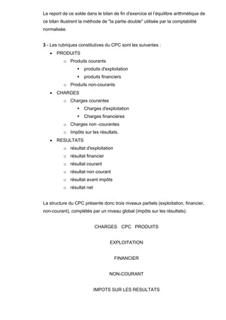 Le report de ce solde dans le bilan de fin d'exercice et l’équilibre arithmétique de 
ce bilan illustrent la méthode de "la partie double" utilisée par la comptabilité 
normalisée. 
3 - Les rubriques constitutives du CPC sont les suivantes : 
• PRODUITS 
o Produits courants 
ƒ produits d'exploitation 
ƒ produits financiers 
o Produits non-courants 
• CHARGES 
o Charges courantes 
ƒ Charges d'exploitation 
ƒ Charges financières 
o Charges non -courantes 
o Impôts sur les résultats. 
• RESULTATS 
o résultat d'exploitation 
o résultat financier 
o résultat courant 
o résultat non courant 
o résultat avant impôts 
o résultat net 
La structure du CPC présente donc trois niveaux partiels (exploitation, financier, 
non-courant), complétés par un niveau global (impôts sur les résultats). 
CHARGES CPC PRODUITS 
EXPLOITATION 
FINANCIER 
NON-COURANT 
IMPOTS SUR LES RESULTATS 
 