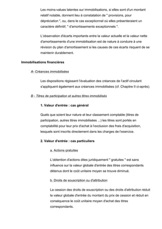 Les moins-values latentes sur immobilisations, si elles sont d'un montant 
relatif notable, donnent lieu à constatation de " provisions, pour 
dépréciation ", ou, dans le cas exceptionnel où elles présenteraient un 
caractère définitif, " d'amortissements exceptionnels ". 
L’observation d'écarts importants entre la valeur actuelle et la valeur nette 
d'amortissements d'une immobilisation est de nature à conduire à une 
révision du plan d'amortissement si les causes de ces écarts risquent de se 
maintenir durablement. 
Immobilisations financières 
A- Créances immobilisées 
Les dispositions régissant l’évaluation des créances de l’actif circulant 
s'appliquent également aux créances immobilisées (cf. Chapitre II ci-après). 
B - Titres de participation et autres titres immobilisés 
1. Valeur d'entrée : cas général 
Quels que soient leur nature et leur classement comptable (titres de 
participation, autres titres immobilisées ...) les titres sont portés en 
comptabilité pour leur prix d'achat à l’exclusion des frais d'acquisition, 
lesquels sont inscrits directement dans les charges de l’exercice. 
2. Valeur d'entrée : cas particuliers 
a. Actions gratuites 
L’obtention d'actions dites juridiquement " gratuites " est sans 
influence sur la valeur globale d'entrée des titres correspondants 
détenus dont le coût unitaire moyen se trouve diminué. 
b. Droits de souscription ou d'attribution 
La cession des droits de souscription ou des droits d'attribution réduit 
la valeur globale d'entrée du montant du prix de cession et réduit en 
conséquence le coût unitaire moyen d'achat des titres 
correspondants. 
 