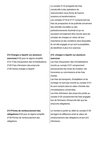 212 Charges à répartir sur plusieurs 
exercices/2102 pour le régime simplifié 
2121 Frais d'acquisition des immobilisations 
2125 Frais d'émission des emprunts 
2128 Autres charges à répartir 
213 Primes de remboursement des 
obligations/2103 pour le régime simplifié 
2130 Primes de remboursement des 
obligations 
Le compte 2114 enregistre les frais 
consécutifs à des opérations de 
restructuration sous forme de fusions, 
scissions et transformations. 
Les comptes 2116 et 2117 comprennent les 
frais de prospection et de publicité concernant 
des activités nouvelles ou des 
perfectionnements d'activité et qui ne 
sauraient normalement être inscrits dans les 
comptes de charges en raison de leur 
importance et des conditions dans lesquelles 
ils ont été engagés et qui sont susceptibles, 
de bénéficier à plus d'un exercice. 
212. charges à répartir sur plusieurs 
exercices 
Les frais d'acquisition des immobilisations 
inscrits au compte 2121 comprennent 
exclusivement les droits de mutation, les 
honoraires ou commissions et les frais 
d'actes. 
Les frais de transports, d'installation et de 
montage ne sont pas inscrits au compte 2121. 
Ils sont compris dans la valeur d'entrée des 
immobilisations concernées. 
Les frais d'émission des emprunts portés au 
compte 2125 comprennent les frais engagés 
lors de l'émission d'emprunts tels que les 
emprunts obligataires. 
Le montant à porter au débit du compte 2130 
est égal à la différence entre la valeur de 
remboursement des obligations et leur prix 
d'émission. 
 