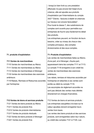 - lorsqu'un bien livré ou une prestation
                                              effectuée n'a pas encore fait l'objet d'une
                                              créance, elle est ajoutée aux produits
                                              d'exploitation par l'intermédiaire du compte
                                              3427 "Clients - factures à établir et créances
                                              sur travaux non encore facturables".
                                              Pour toute la classe 7, des subdivisions de
                                              comptes sont ouverts pour permettre aux
                                              entreprises de fournir plus facilement le détail
                                              des produits.
                                              Les entreprises peuvent, en fonction de leurs
                                              besoins, créer au niveau de chacun des
                                              comptes principaux, des comptes
                                              divisionnaires et des sous comptes.


71. produits d'exploitation                   71- Produits d'exploitation
                                              Les ventes de marchandises faites au Maroc,
711 Ventes de marchandises                    d'une part, et à l'étranger, d'autre part,
7110 Ventes de marchandises au Maroc          apparaissent dans les comptes 7111 et 7113.
7111 Ventes de marchandises au Maroc          Le compte 7118 enregistre à son crédit les
7113 Ventes de marchandises à l'étranger      ventes de marchandises des exercices
7118 Ventes de marchandises des exercices     antérieurs.
antérieurs                                    Les rabais, remises et ristournes accordés par
7119 Rabais, Remises et Ristournes accordés l'entreprise et rattachés à ces ventes sont
par l'entreprise                              portés au débit du compte 7119.
                                              Les escomptes de règlement accordés ne
                                              sont pas déduits des ventes mais débités
                                              directement en charges financières.


712 Ventes de biens et services produits      712 Ventes de biens et services produits :
7121 Ventes de biens produits au Maroc        Les entreprises assujetties à la taxe sur la
71211 Ventes de produits finis                valeur ajoutées doivent enregistrer leurs
71212 Ventes de produits intermédiaires       ventes hors taxes.
71217 Ventes de produits résiduels            Les ventes des biens produits et des services
7122 Ventes de biens produits à l'étranger    produits, sont enregistrées selon leur nature,
71221 Ventes de produits finis                au crédit des comptes 7121 à 7125. Les
 