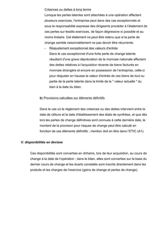 Créances ou dettes à long terme
                Lorsque les pertes latentes sont attachées à une opération affectant
                plusieurs exercices, l’entreprise peut dans des cas exceptionnels et
                sous la responsabilité expresse des dirigeants procéder à l’étalement de
                ces pertes sur lesdits exercices, de façon dégressive si possible et au
                moins linéaire. Cet étalement ne peut être retenu que si la perte de
                change semble raisonnablement ne pas devoir être récurrente.
                -   Réajustement exceptionnel des valeurs d'entrée
                    Dans le cas exceptionnel d'une forte perte de change latente
                    résultant d'une grave dépréciation de la monnaie nationale affectant
                    des dettes relatives à l’acquisition récente de biens facturés en
                    monnaie étrangère et encore en possession de l’entreprise, celle-ci
                    pour réajuster en hausse la valeur d'entrée de ces biens de tout ou
                    partie de la perte latente dans la limite de la " valeur actuelle " du
                    bien à la date du bilan.


            b) Provisions calculées sur éléments définitifs


            Dans le cas où le règlement des créances ou des dettes intervient entre la
            date de clôture et la date d'établissement des états de synthèse, et que dès
            lors les pertes de change définitives sont connues à cette dernière date, le
            montant de la provision pour risques de change peut être calculé en
            fonction de ces éléments définitifs ; mention doit en être dans l’ETIC (A1).


V. disponibilités en devises


      Ces disponibilités sont converties en dirhams, lors de leur acquisition, au cours de
      change à la date de l’opération ; dans le bilan, elles sont converties sur la base du
      dernier cours de change et les écarts constatés sont inscrits directement dans les
      produits et les charges de l’exercice (gains de change et pertes de change).
 