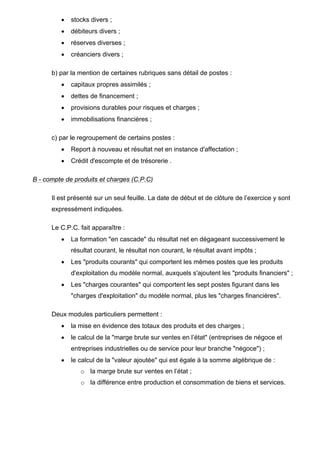 •

stocks divers ;

•

débiteurs divers ;

•

réserves diverses ;

•

créanciers divers ;

b) par la mention de certaines rubriques sans détail de postes :
•

capitaux propres assimilés ;

•

dettes de financement ;

•

provisions durables pour risques et charges ;

•

immobilisations financières ;

c) par le regroupement de certains postes :
•

Report à nouveau et résultat net en instance d'affectation ;

•

Crédit d'escompte et de trésorerie .

B - compte de produits et charges (C.P.C)
Il est présenté sur un seul feuille. La date de début et de clôture de l’exercice y sont
expressément indiquées.
Le C.P.C. fait apparaître :
•

La formation "en cascade" du résultat net en dégageant successivement le
résultat courant, le résultat non courant, le résultat avant impôts ;

•

Les "produits courants" qui comportent les mêmes postes que les produits
d'exploitation du modèle normal, auxquels s'ajoutent les "produits financiers" ;

•

Les "charges courantes" qui comportent les sept postes figurant dans les
"charges d'exploitation" du modèle normal, plus les "charges financières".

Deux modules particuliers permettent :
•

la mise en évidence des totaux des produits et des charges ;

•

le calcul de la "marge brute sur ventes en l’état" (entreprises de négoce et
entreprises industrielles ou de service pour leur branche "négoce") ;

•

le calcul de la "valeur ajoutée" qui est égale à la somme algébrique de :
o la marge brute sur ventes en l’état ;
o la différence entre production et consommation de biens et services.

 