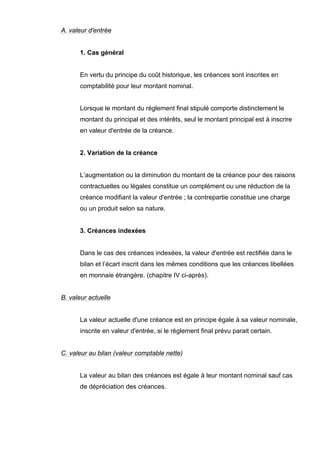 A. valeur d'entrée

1. Cas général

En vertu du principe du coût historique, les créances sont inscrites en
comptabilité pour leur montant nominal.

Lorsque le montant du règlement final stipulé comporte distinctement le
montant du principal et des intérêts, seul le montant principal est à inscrire
en valeur d'entrée de la créance.

2. Variation de la créance

L’augmentation ou la diminution du montant de la créance pour des raisons
contractuelles ou légales constitue un complément ou une réduction de la
créance modifiant la valeur d'entrée ; la contrepartie constitue une charge
ou un produit selon sa nature.

3. Créances indexées

Dans le cas des créances indexées, la valeur d'entrée est rectifiée dans le
bilan et l’écart inscrit dans les mêmes conditions que les créances libellées
en monnaie étrangère. (chapitre IV ci-après).

B. valeur actuelle

La valeur actuelle d'une créance est en principe égale à sa valeur nominale,
inscrite en valeur d'entrée, si le règlement final prévu parait certain.

C. valeur au bilan (valeur comptable nette)

La valeur au bilan des créances est égale à leur montant nominal sauf cas
de dépréciation des créances.

 