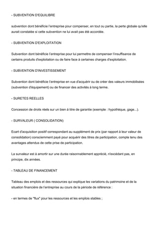 - SUBVENTION D'EQUILIBRE
subvention dont bénéficie l’entreprise pour compenser, en tout ou partie, la perte globale qu'elle
aurait constatée si cette subvention ne lui avait pas été accordée.
- SUBVENTION D'EXPLOITATION
Subvention dont bénéficie l’entreprise pour lui permettre de compenser l’insuffisance de
certains produits d'exploitation ou de faire face à certaines charges d'exploitation.
- SUBVENTION D'INVESTISSEMENT
Subvention dont bénéficie l’entreprise en vue d'acquérir ou de créer des valeurs immobilisées
(subvention d'équipement) ou de financer des activités à long terme.
- SURETES REELLES
Concession de droits réels sur un bien à titre de garantie (exemple : hypothèque, gage...).
- SURVALEUR ( CONSOLIDATION)
Ecart d'acquisition positif correspondant au supplément de prix (par rapport à leur valeur de
consolidation) consciemment payé pour acquérir des titres de participation, compte tenu des
avantages attendus de cette prise de participation.
La survaleur est à amortir sur une durée raisonnablement apprécié, n'excédant pas, en
principe, dix années.
- TABLEAU DE FINANCEMENT
Tableau des emplois et des ressources qui explique les variations du patrimoine et de la
situation financière de l’entreprise au cours de la période de référence :
- en termes de "flux" pour les ressources et les emplois stables ;
 