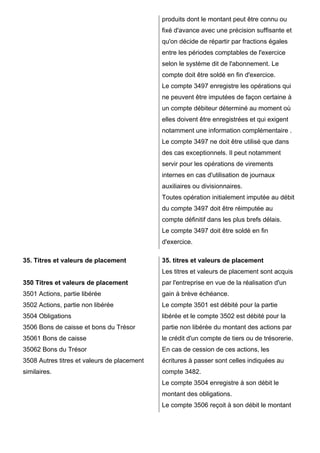 produits dont le montant peut être connu ou
fixé d'avance avec une précision suffisante et
qu'on décide de répartir par fractions égales
entre les périodes comptables de l'exercice
selon le système dit de l'abonnement. Le
compte doit être soldé en fin d'exercice.
Le compte 3497 enregistre les opérations qui
ne peuvent être imputées de façon certaine à
un compte débiteur déterminé au moment où
elles doivent être enregistrées et qui exigent
notamment une information complémentaire .
Le compte 3497 ne doit être utilisé que dans
des cas exceptionnels. Il peut notamment
servir pour les opérations de virements
internes en cas d'utilisation de journaux
auxiliaires ou divisionnaires.
Toutes opération initialement imputée au débit
du compte 3497 doit être réimputée au
compte définitif dans les plus brefs délais.
Le compte 3497 doit être soldé en fin
d'exercice.
35. Titres et valeurs de placement
350 Titres et valeurs de placement
3501 Actions, partie libérée
3502 Actions, partie non libérée
3504 Obligations
3506 Bons de caisse et bons du Trésor
35061 Bons de caisse
35062 Bons du Trésor
3508 Autres titres et valeurs de placement
similaires.
35. titres et valeurs de placement
Les titres et valeurs de placement sont acquis
par l'entreprise en vue de la réalisation d'un
gain à brève échéance.
Le compte 3501 est débité pour la partie
libérée et le compte 3502 est débité pour la
partie non libérée du montant des actions par
le crédit d'un compte de tiers ou de trésorerie.
En cas de cession de ces actions, les
écritures à passer sont celles indiquées au
compte 3482.
Le compte 3504 enregistre à son débit le
montant des obligations.
Le compte 3506 reçoit à son débit le montant
 