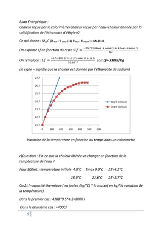 Bilan Energétique :
Chaleur reçue par le calorimètre+chaleur reçue par l’eau+chaleur donnée par la
solidification de l’éthanoate d’éthyle=0

Ce qui donne : MefC (θ final – θ initial f)+k( θ final - θ initial f ) + Mc.Lf= 0 ;
                                                                                     –      −          −
On exprime Lf en fonction du reste :                             =

                                   , .         , −       ,   −       , −   ,
On remplace :             =                                                    soit Lf=-330kJ/Kg
                                                     .

(le signe – signifie que la chaleur est donnée par l’éthanoate de sodium)

               27,7

               26,7

               25,7

               24,7                                                                       degré (celsius)
                                                                                          Degré (Celsius)
               23,7

               22,7

               21,7
                      0      100         200   300           400     500       600



       Variation de la température en fonction du temps dans un calorimètre



c)Question : Est-ce que la chaleur libérée va changer en fonction de la
température de l’eau ?

Pour 500mL : température initiale 4.8°C                              Tmax 9.0°C          ΔT=4.2°C

                                                 18.9°C                    21.6°C        ΔT=2.7°C

CmΔt (=capacité thermique ( en joules /kg/°C) * la masse( en kg)*la variation de
la température).

Dans le premier cas : 4180*0.5*4.2=8000 J

Dans le deuxième cas : =4000J
       9
 