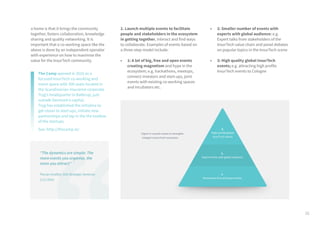16
a home is that it brings the community
together, fosters collaboration, knowledge
sharing and quality networking. It is
important that a co-working space like the
above is done by an independent operator
with experience on how to maximise the
value for the InsurTech community.
2. Launch multiple events to facilitate
people and stakeholders in the ecosystem
in getting together, interact and find ways
to collaborate. Examples of events based on
a three-step model include:
•	 1: A lot of big, free and open events
creating magnetism and hype in the
ecosystem; e.g. hackathons, meetups,
connect investors and start-ups, joint
events with existing co-working spaces
and incubators etc.
•	 2: Smaller number of events with
experts with global audience: e.g.
Expert talks from stakeholders of the
InsurTech value chain and panel debates
on popular topics in the InsurTech scene
•	 3: High quality global InsurTech
events; e.g. attracting high profile
InsurTech events to Cologne
The Camp opened in 2016 as a
focused InsurTech co-working and
event space with 300 seats located in
the Scandinavian insurance corporate
Tryg’s headquarter in Ballerup, just
outside Denmark’s capital.
Tryg has established the initiative to
get closer to start-ups, initiate new
partnerships and tap in the the toolbox
of the startups.
See: http://thecamp.io/
“The dynamics are simple: The
more events you organise, the
more you attract”
Florian Graillot, AXA Strategic Ventures
1/12 2016
3.
Hight profile global
InsurTech events
1.
Numereous free and open events
2.
Expert events with global audience
Figure 4: Launch events to strengthe
Cologne’s InsurTech ecosystem
 