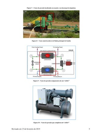 Revisado em 15 de fevereiro de 2019 5
Figura 7 – Vasos de pressão localizados na sucção e na descarga de máquinas.
Figura 8 – Vasos amortecedores de fluido principal de bomba
Figura 9 – Vasos de pressão componentes de um “chiller”
Figura 10 – Vasos de pressão que compõem um “chiller”
 