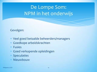 De Lompe Som:
                          NPM in het onderwijs


            Gevolgen:

                   Veel goed betaalde beheerders/managers
                   Goedkope arbeidskrachten
                   Fusies
                   Goed verkopende opleidingen
                   Speculaties
                   Nieuwbouw

Philippens, ICGO                          14
 