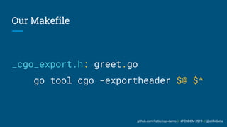github.com/liztio/cgo-demo // #FOSDEM 2019 // @stillinbeta
Our Makefile
_cgo_export.h: greet.go
go tool cgo -exportheader $@ $^
 