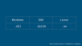 github.com/liztio/cgo-demo // #FOSDEM 2019 // @stillinbeta
Windows OSX Linux
.dll .dylib .so
 
