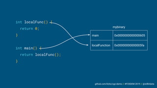 github.com/liztio/cgo-demo // #FOSDEM 2019 // @stillinbeta
main 0x0000000000000605
localFunction 0x00000000000005fa
mybinary
int localFunc() {
return 0;
}
int main() {
return localFunc();
}
 