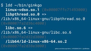 github.com/liztio/cgo-demo // #FOSDEM 2019 // @stillinbeta
$ ldd ~/bin/ginkgo
linux-vdso.so.1 (0x00007ffc71493000)
libpthread.so.0 =>
/lib/x86_64-linux-gnu/libpthread.so.0
(0x00007fa2d36c4000)
libc.so.6 =>
/lib/x86_64-linux-gnu/libc.so.6
(0x00007fa2d32d3000)
/lib64/ld-linux-x86-64.so.2
(0x00007fa2d38e3000)
 