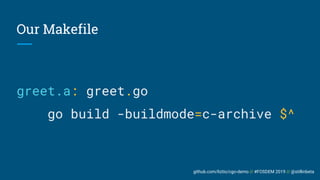 github.com/liztio/cgo-demo // #FOSDEM 2019 // @stillinbeta
Our Makefile
greet.a: greet.go
go build -buildmode=c-archive $^
 