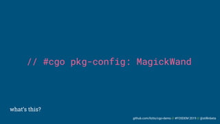 github.com/liztio/cgo-demo // #FOSDEM 2019 // @stillinbeta
what’s this?
// #cgo pkg-config: MagickWand
 