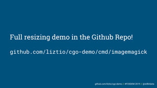 github.com/liztio/cgo-demo // #FOSDEM 2019 // @stillinbeta
Full resizing demo in the Github Repo!
github.com/liztio/cgo-demo/cmd/imagemagick
 