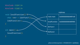 github.com/liztio/cgo-demo // #FOSDEM 2019 // @stillinbeta
main.main 0x00000000004891d0
localFunction 0x0000000000489985
lib1func1
lib2func2
mybinary
#include <lib1.h>
#include <lib2.h>
void localFunction() {
char *str = lib1Func1();
lib2Func2(str);
}
int main() {
localFunction()
}
 