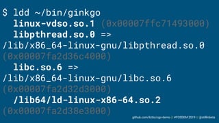 github.com/liztio/cgo-demo // #FOSDEM 2019 // @stillinbeta
$ ldd ~/bin/ginkgo
linux-vdso.so.1 (0x00007ffc71493000)
libpthr...