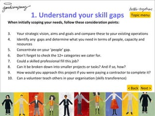 1. Understand your skill gaps Topic menu When initially scoping your needs, follow these consideration points: Your strategic vision, aims and goals and compare these to your existing operations Identify any  gaps and determine what you need in terms of people, capacity and resources Concentrate on your ‘people’ gap. Don’t forget to check the 12+ categories we cater for. Could a skilled professional fill this job? Can it be broken down into smaller projects or tasks? And if so, how? How would you approach this project if you were paying a contractor to complete it? Can a volunteer teach others in your organisation (skills transference) Next > < Back 