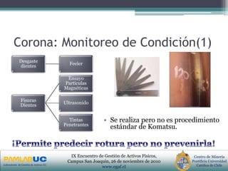 PRIMERAS JORNADAS DE GESTION DE ACTIVOS & EFICIENCIA
ENERGETICA
GEDAEFE 2008Laboratorio de Gestión de Activos UC
Centro de Minería
Pontificia Universidad
Católica de Chile
IX Encuentro de Gestión de Activos Físicos,
Campus San Joaquin, 26 de noviembre de 2010
www.egaf.cl
Corona: Monitoreo de Condición(1)
Desgaste
dientes
Feeler
Fisuras
Dientes
Ensayo
Partículas
Magnéticas
Ultrasonido
Tintas
Penetrantes
• Se realiza pero no es procedimiento
estándar de Komatsu.
 