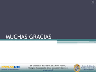 PRIMERAS JORNADAS DE GESTION DE ACTIVOS & EFICIENCIA
ENERGETICA
GEDAEFE 2008Laboratorio de Gestión de Activos UC
Centro de Minería
Pontificia Universidad
Católica de Chile
IX Encuentro de Gestión de Activos Físicos,
Campus San Joaquin, 26 de noviembre de 2010
www.egaf.cl
MUCHAS GRACIAS
31
 