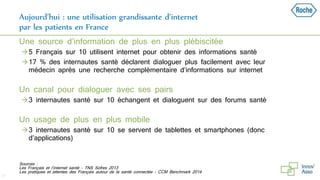 Aujourd’hui : une utilisation grandissante d’internet
par les patients en France
Une source d’information de plus en plus plébiscitée
5 Français sur 10 utilisent internet pour obtenir des informations santé
17 % des internautes santé déclarent dialoguer plus facilement avec leur
médecin après une recherche complémentaire d’informations sur internet
Un canal pour dialoguer avec ses pairs
3 internautes santé sur 10 échangent et dialoguent sur des forums santé
Un usage de plus en plus mobile
3 internautes santé sur 10 se servent de tablettes et smartphones (donc
d’applications)
Sources :
Les Français et l’internet santé - TNS Sofres 2013
Les pratiques et attentes des Français autour de la santé connectée - CCM Benchmark 2014
21
 
