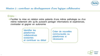 Mission 2 : contribuer au développement d’une logique collaborative
Enjeu :
Faciliter la mise en relation entre patients d’une même pathologie ou d’un
même traitement afin qu’ils puissent partager informations et expériences,
s’entraider et gagner en autonomie
32
Identifier les
plateformes
collaboratives
existantes
et contribuer au débat
Créer de nouvelles
communautés ou
plateformes si
nécessaire
 