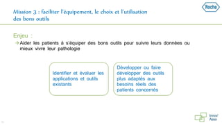 Mission 3 : faciliter l’équipement, le choix et l’utilisation
des bons outils
Enjeu :
Aider les patients à s’équiper des bons outils pour suivre leurs données ou
mieux vivre leur pathologie
40
Identifier et évaluer les
applications et outils
existants
Développer ou faire
développer des outils
plus adaptés aux
besoins réels des
patients concernés
 