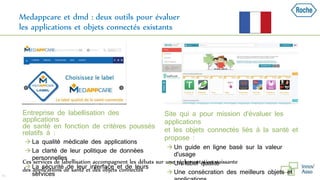 Medappcare et dmd : deux outils pour évaluer
les applications et objets connectés existants
Entreprise de labellisation des
applications
de santé en fonction de critères poussés
relatifs à :
 La qualité médicale des applications
 La clarté de leur politique de données
personnelles
 La sécurité de leur interface et de leurs
services
Site qui a pour mission d'évaluer les
applications
et les objets connectés liés à la santé et
propose :
 Un guide en ligne basé sur la valeur
d'usage
 Un label qualité
 Une consécration des meilleurs objets et42
Ces services de labellisation accompagnent les débats sur une réglementation naissante
des applications de santé et des objets connectés
 