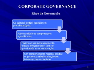 CORPORATE GOVERNANCE
    Risco da Governação




                          19
 