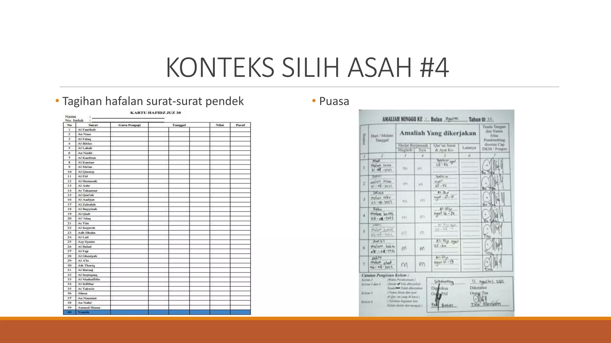 KONTEKS SILIH ASAH #4
• Tagihan hafalan surat-surat pendek • Puasa
 