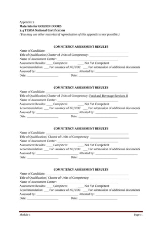 Module 1 Page 11
Appendix 2
Materials for GOLDEN DOORS
2.4 TESDA National Certification
(You may use other materials if reproduction of this appendix is not possible.)
COMPETENCY ASSESSMENT RESULTS
Name of Candidate: _____________________________________________________
Title of Qualification/Cluster of Units of Competency: _________________________
Name of Assessment Center: _______________________________________
Assessment Results: ____ Competent ____ Not Yet Competent
Recommendation: ___ For issuance of NC/COC ___ For submission of additional documents
Assessed by: ___________________________ Attested by: ___________________________
Date: ____________________ Date: _________________________
COMPETENCY ASSESSMENT RESULTS
Name of Candidate: _____________________________________________________
Title of Qualification/Cluster of Units of Competency: Food and Beverage Services II
Name of Assessment Center: _______________________________________
Assessment Results: ____ Competent ____ Not Yet Competent
Recommendation: ___ For issuance of NC/COC ___ For submission of additional documents
Assessed by: ___________________________ Attested by: ___________________________
Date: ____________________ Date: _________________________
COMPETENCY ASSESSMENT RESULTS
Name of Candidate: _____________________________________________________
Title of Qualification/ Cluster of Units of Competency: _________________________
Name of Assessment Center: _______________________________________
Assessment Results: ____ Competent ____ Not Yet Competent
Recommendation: ___ For issuance of NC/COC ___ For submission of additional documents
Assessed by: ___________________________ Attested by: ___________________________
Date: ____________________ Date: _________________________
COMPETENCY ASSESSMENT RESULTS
Name of Candidate: _____________________________________________________
Title of Qualification/ Cluster of Units of Competency: _________________________
Name of Assessment Center: _______________________________________
Assessment Results: ____ Competent ____ Not Yet Competent
Recommendation: ___ For issuance of NC/COC ___ For submission of additional documents
Assessed by: ___________________________ Attested by: ___________________________
Date: ____________________ Date: _________________________
 