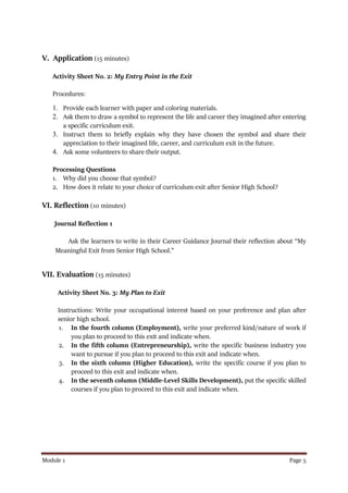 Module 1 Page 5
V. Application (15 minutes)
Activity Sheet No. 2: My Entry Point in the Exit
Procedures:
1. Provide each learner with paper and coloring materials.
2. Ask them to draw a symbol to represent the life and career they imagined after entering
a specific curriculum exit.
3. Instruct them to briefly explain why they have chosen the symbol and share their
appreciation to their imagined life, career, and curriculum exit in the future.
4. Ask some volunteers to share their output.
Processing Questions
1. Why did you choose that symbol?
2. How does it relate to your choice of curriculum exit after Senior High School?
VI. Reflection (10 minutes)
Journal Reflection 1
Ask the learners to write in their Career Guidance Journal their reflection about “My
Meaningful Exit from Senior High School.”
VII. Evaluation (15 minutes)
Activity Sheet No. 3: My Plan to Exit
Instructions: Write your occupational interest based on your preference and plan after
senior high school.
1. In the fourth column (Employment), write your preferred kind/nature of work if
you plan to proceed to this exit and indicate when.
2. In the fifth column (Entrepreneurship), write the specific business industry you
want to pursue if you plan to proceed to this exit and indicate when.
3. In the sixth column (Higher Education), write the specific course if you plan to
proceed to this exit and indicate when.
4. In the seventh column (Middle-Level Skills Development), put the specific skilled
courses if you plan to proceed to this exit and indicate when.
 