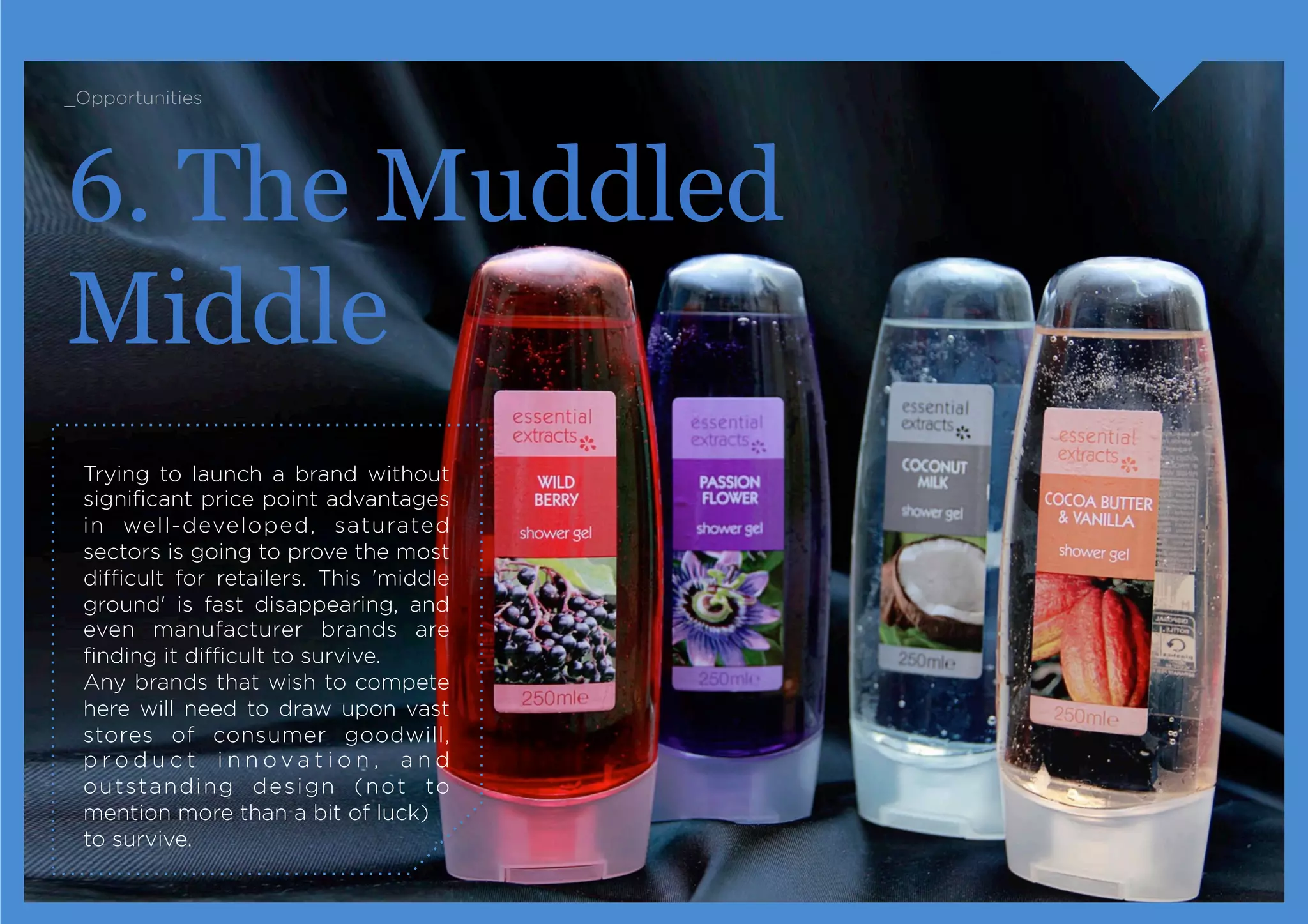 _Opportunities




6. The Muddled
Middle
 Trying to launch a brand without
 signiﬁcant price point advantages
 in well-developed, saturated
 sectors is going to prove the most
 diﬃcult for retailers. This 'middle
 ground' is fast disappearing, and
 even manufacturer brands are
 ﬁnding it diﬃcult to survive.
 Any brands that wish to compete
 here will need to draw upon vast
 stores of consumer goodwill,
 product innovation, and
 outstanding design (not to
 mention more than a bit of luck)
 to survive.
 