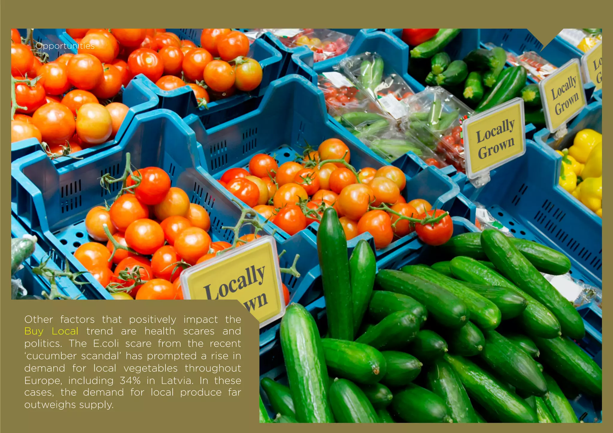 _Opportunities




Other factors that positively impact the
Buy Local trend are health scares and
politics. The E.coli scare from the recent
‘cucumber scandal’ has prompted a rise in
demand for local vegetables throughout
Europe, including 34% in Latvia. In these
cases, the demand for local produce far
outweighs supply.
 