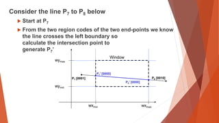 Consider the line P7 to P8 below
 Start at P7
 From the two region codes of the two end-points we know
the line crosses the left boundary so
calculate the intersection point to
generate P7’
wymax
wymin
wxmin wxmax
Window
P7’ [0000]
P7 [0001] P8 [0010]
P8’ [0000]
 