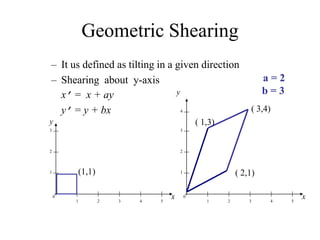Geometric Shearing
– It us defined as tilting in a given direction
– Shearing about y-axis
x’ = x + ay
y’ = y + bx
y
x
0
1
1
2 3 4 5
2
3
(1,1)
y
x
0
1
1
2 3 4 5
2
3
a = 2
b = 3
4 ( 3,4)
( 2,1)
( 1,3)
 