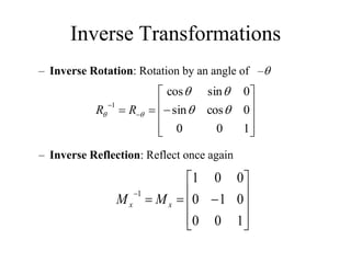 Inverse Transformations
– Inverse Rotation: Rotation by an angle of –
– Inverse Reflection: Reflect once again














1
0
0
0
1
0
0
0
1
1
x
x M
M












 

1
0
0
0
cos
sin
0
sin
cos
1





 R
R
 