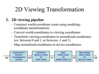 2. 2D viewing pipeline
– Construct world-coordinate scene using modeling-
coordinate transformations
– Convert world-coordinates to viewing coordinates
– Transform viewing-coordinates to normalized-coordinates
(ex: between 0 and 1, or between -1 and 1)
– Map normalized-coordinates to device-coordinates.
CONSTRUCT
WORLD
COORDINATE
SCENE
CONVERT
WORLD CORD
TO
VIEW CORD
MAP
VIEW CORD
TO
NORM VIEW CO
MAP NORM
VIEW CORD
TO
DEVICE CORD
MC WC VC NC DC
2D Viewing Transformation
 