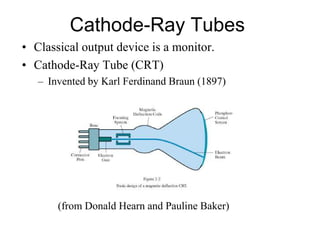 Cathode-Ray Tubes
(from Donald Hearn and Pauline Baker)
• Classical output device is a monitor.
• Cathode-Ray Tube (CRT)
– Invented by Karl Ferdinand Braun (1897)
 