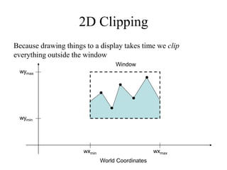 2D Clipping
Because drawing things to a display takes time we clip
everything outside the window
wymax
wymin
wxmin wxmax
World Coordinates
Window
 